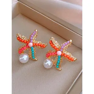 1pair Bohemian Style Colorful Starfish & Faux Pearl Earrings, Suitable For Women's Daily Travel, Beach Parties, Vacation, Etc.