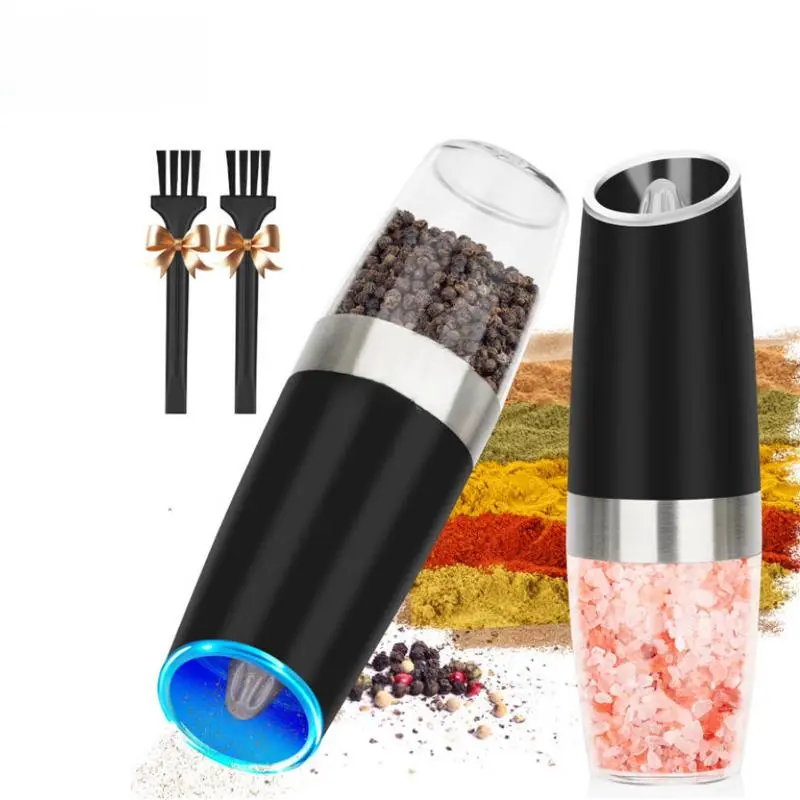 Black Electric Salt and Pepper Shaker Set - Kitchen Seasoning Utensils with Adjustable Coarse Control, 1-Hand Automatic Operation, Battery-Powered LED Light, 2 Utility Brushes for Home Kitchen, BBQ