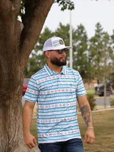 Men's Blue Striped Aztec Polo Performance Polo LOGO PRINT, Summer Golf Polo Shirt Menswear Top Outdoor Polyester Shirt