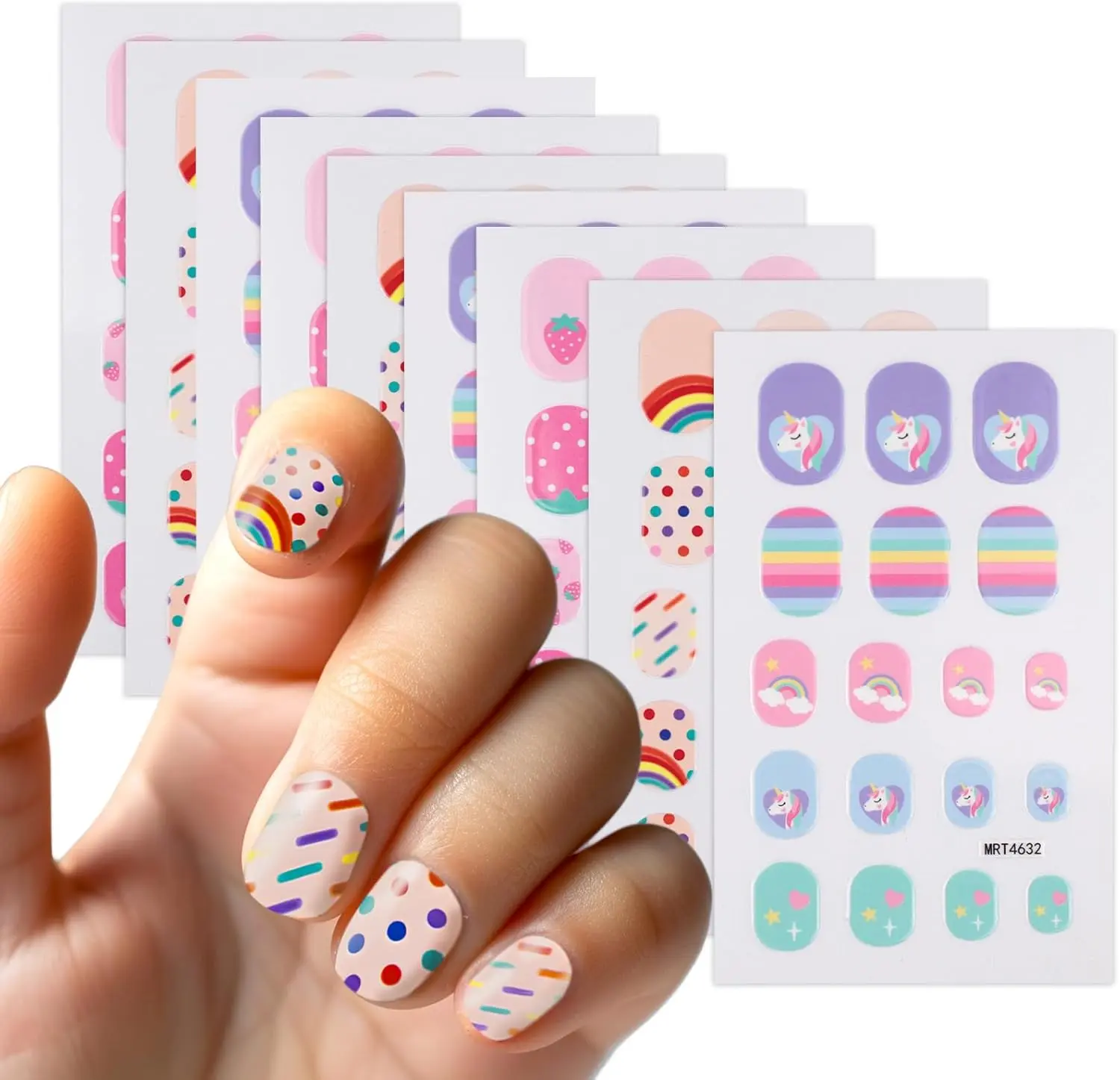 9 Sheets Self-Adhesive Colorful Nail Stickers, for Fun Nail Art Decoration, Sun Designs, Flower, Rainbow, Strawberry, Cat, Heart, Rabbit