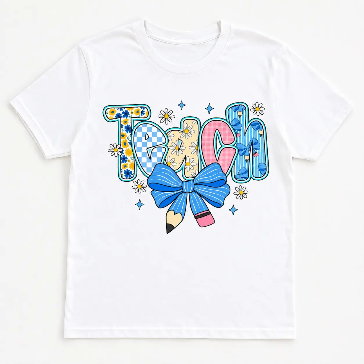 Preppy Teacher Floral Coquette Shirts, Teach Blue Floral Tee, Preppy Teacher Tops, Pencil Bow Teacher Checkered T-Shirts