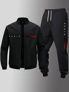 Men's Paris Letter Graphic and Color Stripe Print Bomber Jacket with Elastic Waist Jogger Pants 2 Piece Set for Spring Autumn Casual Outdoor Daily Wear