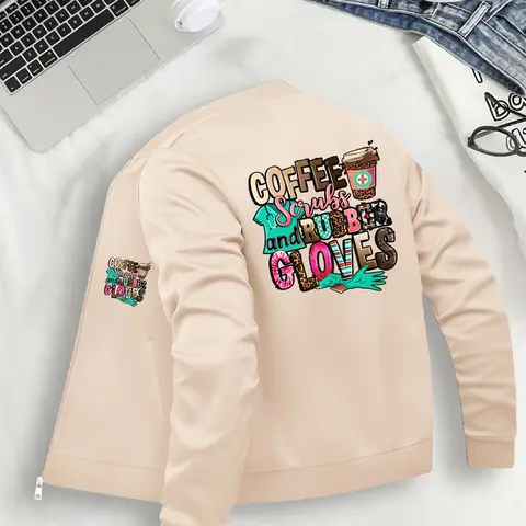 Women's Casual Zipper Bomber Jacket, Coats, Casual Cute Outerwear, Graphic Print Halloween, Lightweight Long Sleeve, Fitted, Comfortable Design, All Seasons Wear, Sizes S-Xxl