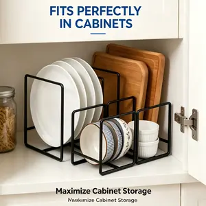Multi-compartment tableware storage rack made of stainless steel; bowl, plate, and cutting board holder suitable for kitchen countertops, cabinets, pantries, and RVs; black space-saving design that stores plates, cutting boards, and baking dishes.