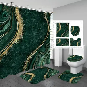4 Pcs Luxury Marble Shower Set with Non-Slip Rugs, Lid Cover and Bath Mat, Gold Foil Emerald Green Set with Shower and Rugs and Accessories