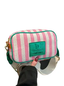Striped Camera Bag, Unique Design Crossbody Bag, Fresh Cloth Shoulder Bag, Letter W Commute Date Versatile Small Square Bag