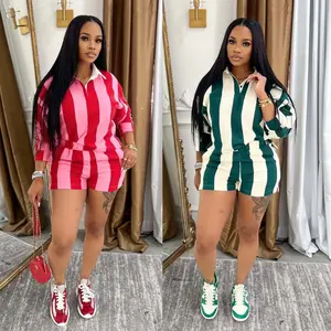 Two-Piece Set Women's Fashion Striped Sets Long Sleeve Polo-Neck T-Shirt and Shorts 2025 Spring Summer Tracksuit Casual Green Blue Check Light Gamis Fathersdaygift Clothes Chic Elegant Everyday Matching Style Womenswear Green_Blue
