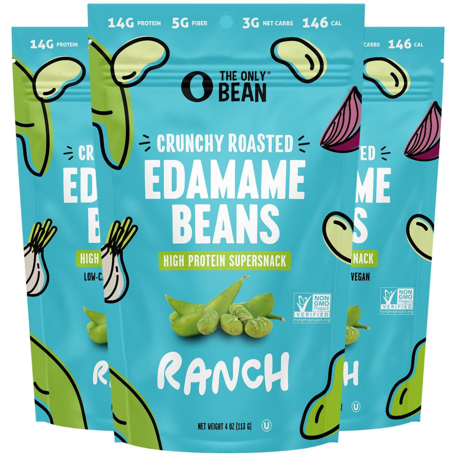 The Only Bean - Crunchy Roasted Edamame Beans (Ranch) - Keto Snack, High Protein, Healthy Snacks, Low Carb, High Fiber, Gluten-Free & Vegan (4.0oz) (3 Pack)