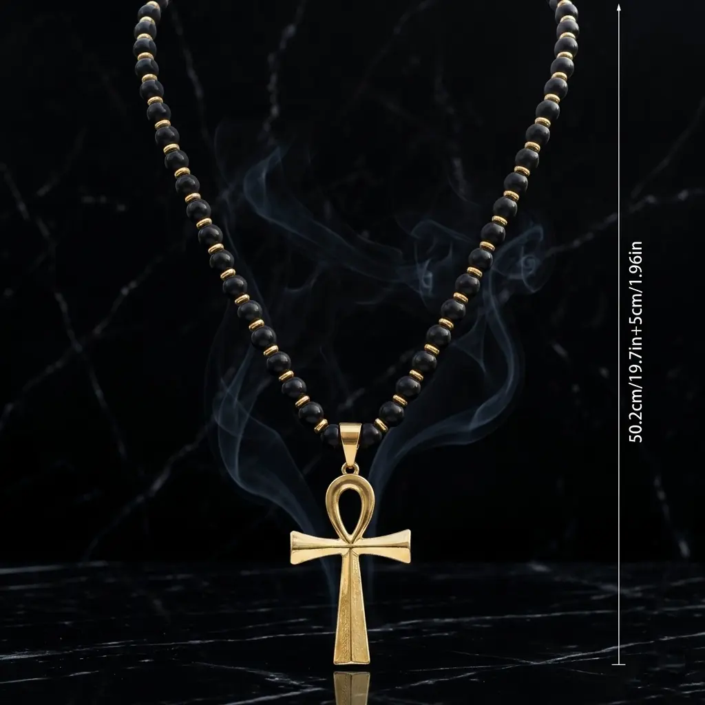 Ankh Cross Chain Jewelry Necklace for Men & Women, Gold Metal Coating Egyptian Key of Life Pendant with Black Beads, Spiritual Protection Amulet, Thanksgiving Christmas Gift