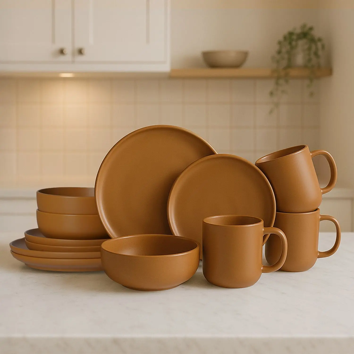 12-Piece Stoneware Dinnerware Sets with Mugs | Microwave & Dishwasher Safe | Non-Toxic Dinner Plates Bowls Set | Stackable Matte Glaze Kitchenware for 3 tableware lightweight