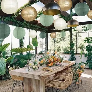 15-Piece Set of Paper Lantern Decorations, Round Hanging Paper Lantern Decorations, Suitable for Rural Parties, Bridal Gifts, Weddings, Gray-Green Birthday Party Supplies Gold/Yellow-Green, Party Supplies, Ceiling Party Decorations