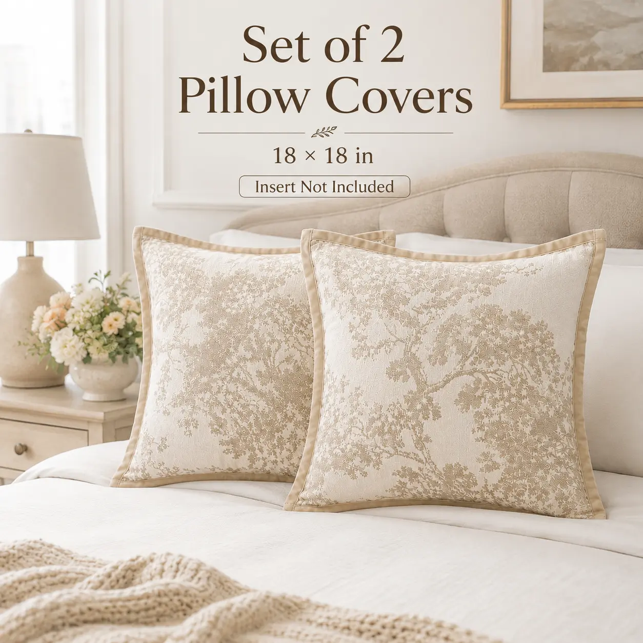 2 Pack Decorative Cushion Covers 18x18, Beige Tree Pattern Pillow Covers for Living Room