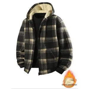 Men’s fleece hooded casual fashion plaid zip jacket, French country style, fall and winter wear, medium fabric thickness, fitted design