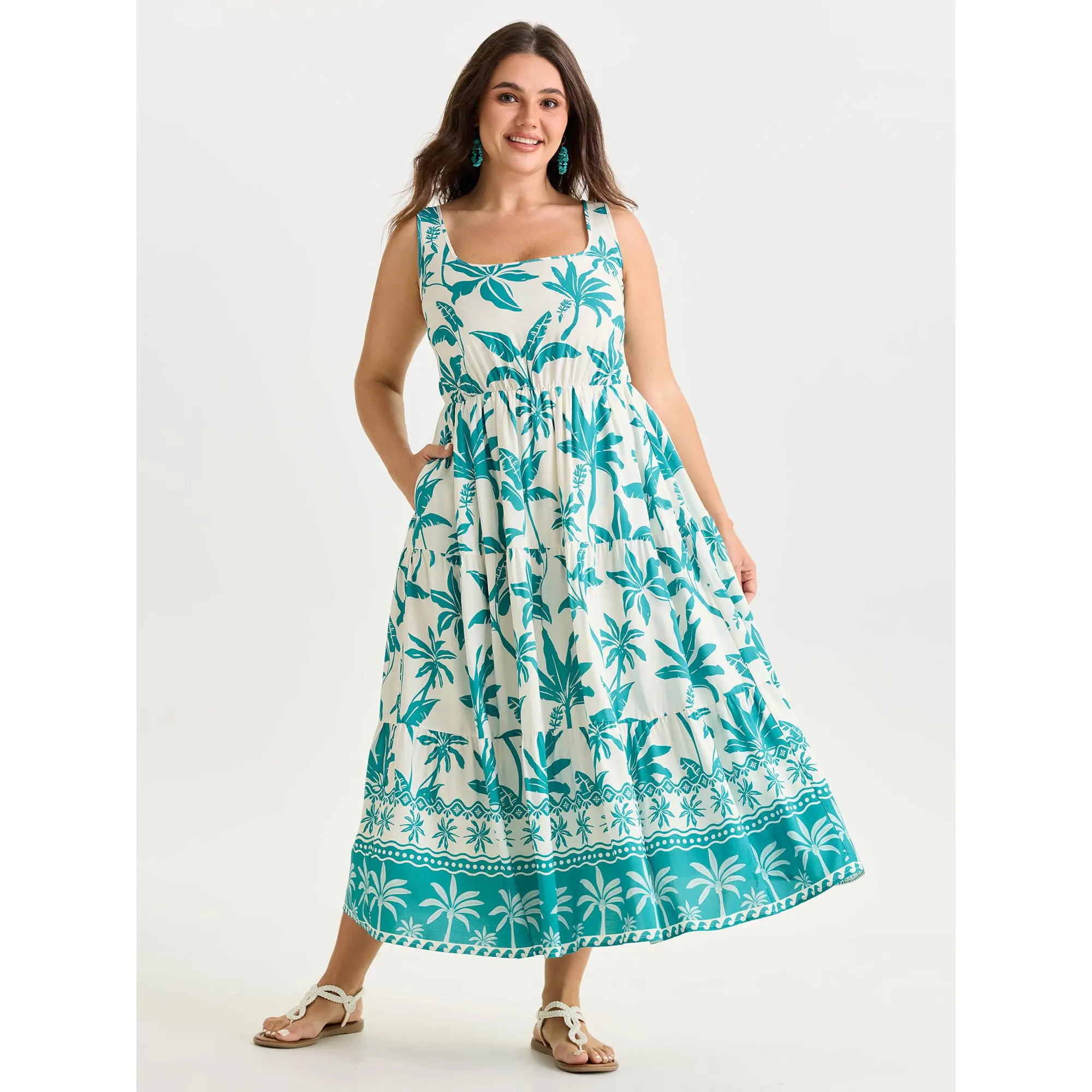 BLOOMCHIC Women's Plus Size Bohemian Hippie U-Neck Sleeveless Pull-On Casual Maxi Dress, M-6X, 2026 Summer Going Out Wear, Tropical Print, Side Pocket, Curvy Dresses Plus Size, Cold Wash, Low Iron, Do Not Tumble Dry, Smooth Fabric