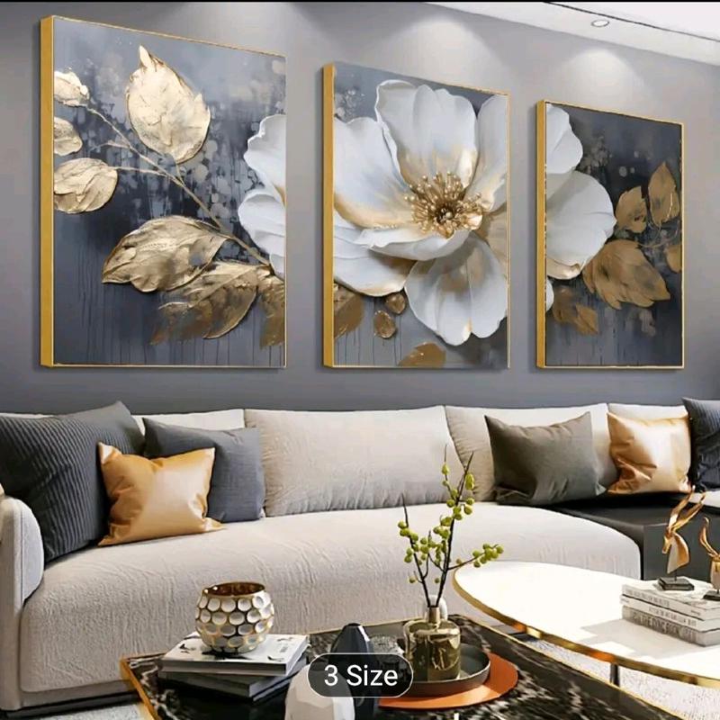3pcs with frame --Abstract floral theme canvas wall art framed painting, 2D flat surface, suitable for indoor Easter, Mother's Day, Mardi Gras, St. Patrick's Day luxury decoration for him/her, bedroom, living room, bathroom, home office aesthetic decorati