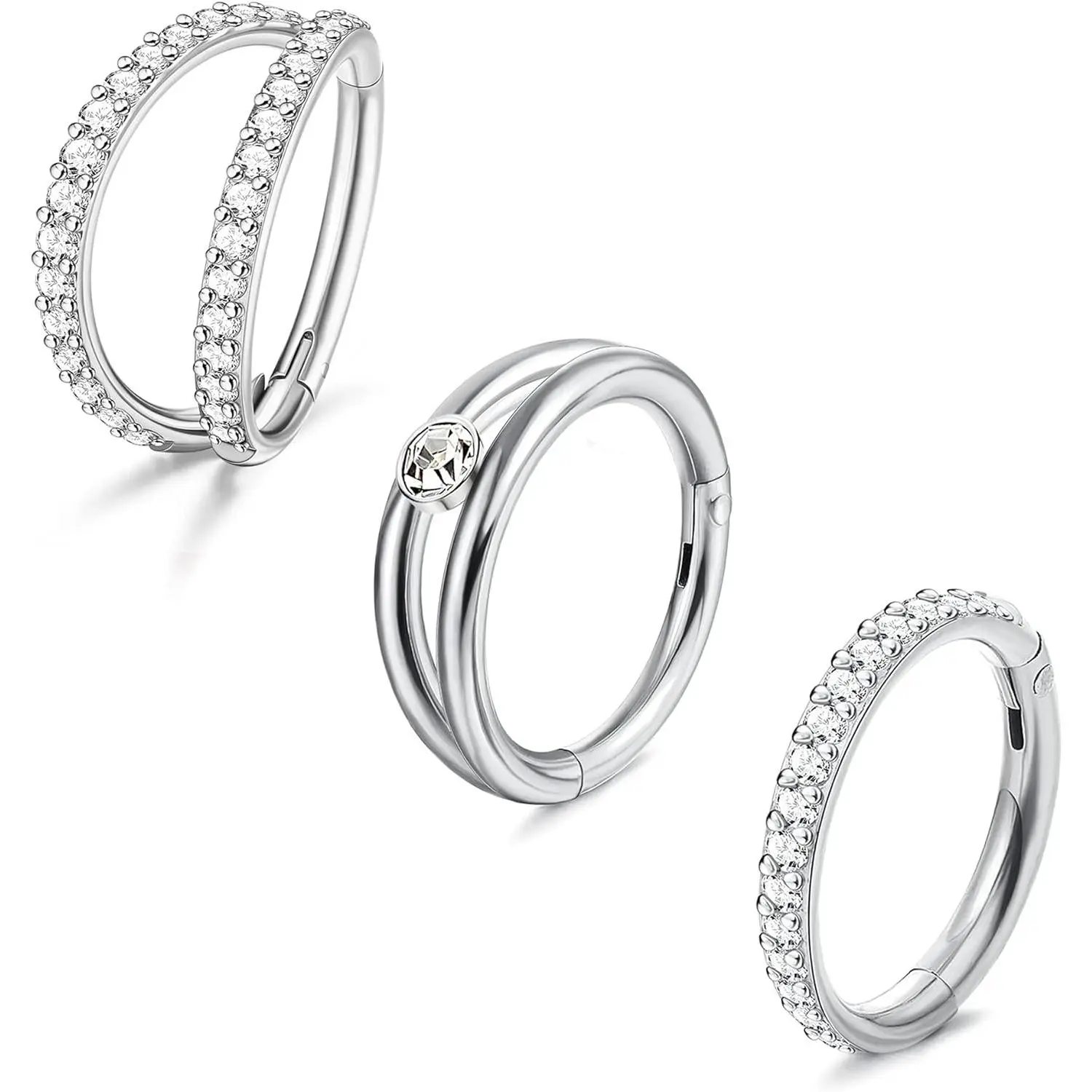 JSTYLE 3Pcs 316L Surgical Steel Cubic Zirconia Jewelry - Hinged Nose Hoops, Septum Clicker, Double Open Stack, Conch, Daith, Helix, Rook, Tragus, Sleeper Cartilage Earrings, Labret Piercing Jewelry for Daily Wear, High Quality Jewelry
