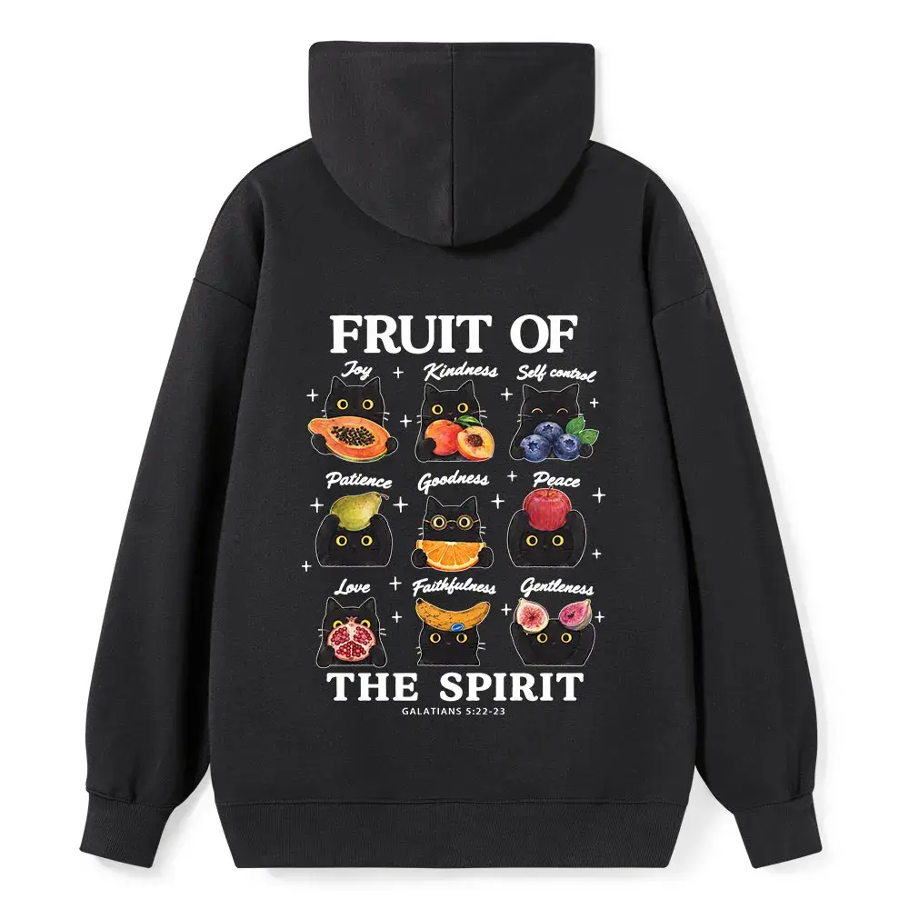 Fruit Of The Spirit Christian Hoodie Cute Black Cat Fruit Galatians 5:22-23 Back Print Unisex Hooded Sweatshirt Aesthetic Faith Graphic Hoodie “Fruit Of The Spirit” Kitten Fruit Bible Verse Casual Oversized Pullover Hoodie