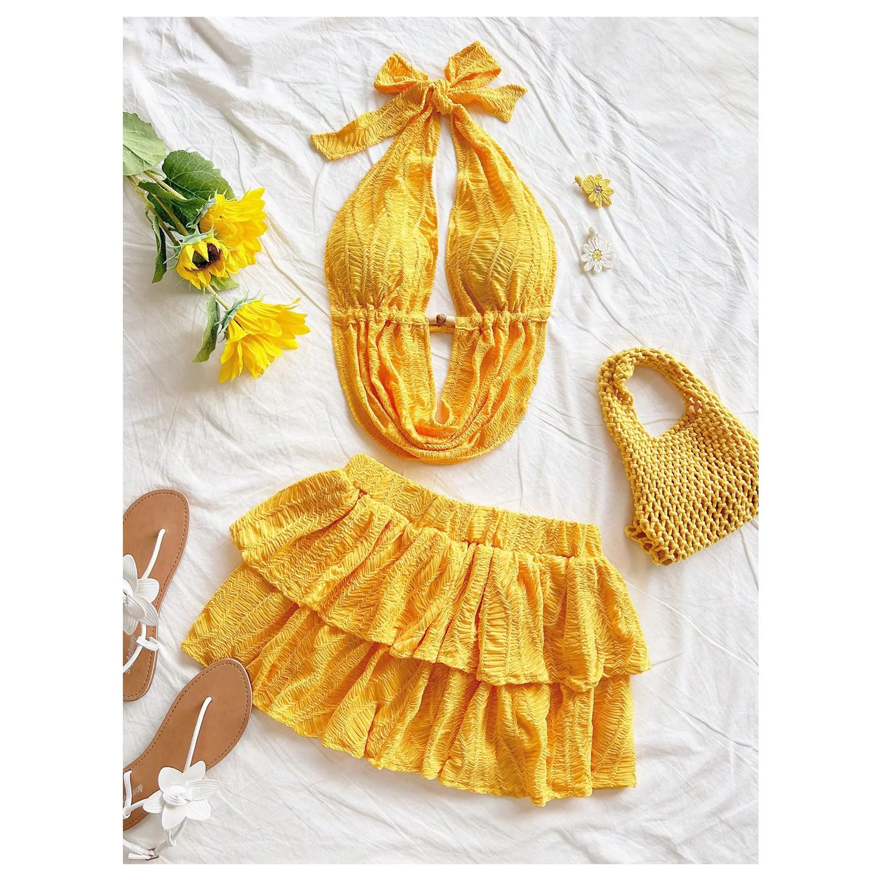 Women's V-Neck Hollow Out Halter Backless Camisole & Mini Skirt 2 Pieces Set, Knitted Texture, Suitable For Holiday, Date, Afternoon Tea, Vacation, Music Festival, Bohemian Style