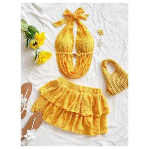 Women's V-Neck Hollow Out Halter Backless Camisole & Mini Skirt 2 Pieces Set, Knitted Texture, Suitable For Holiday, Date, Afternoon Tea, Vacation, Music Festival, Bohemian Style