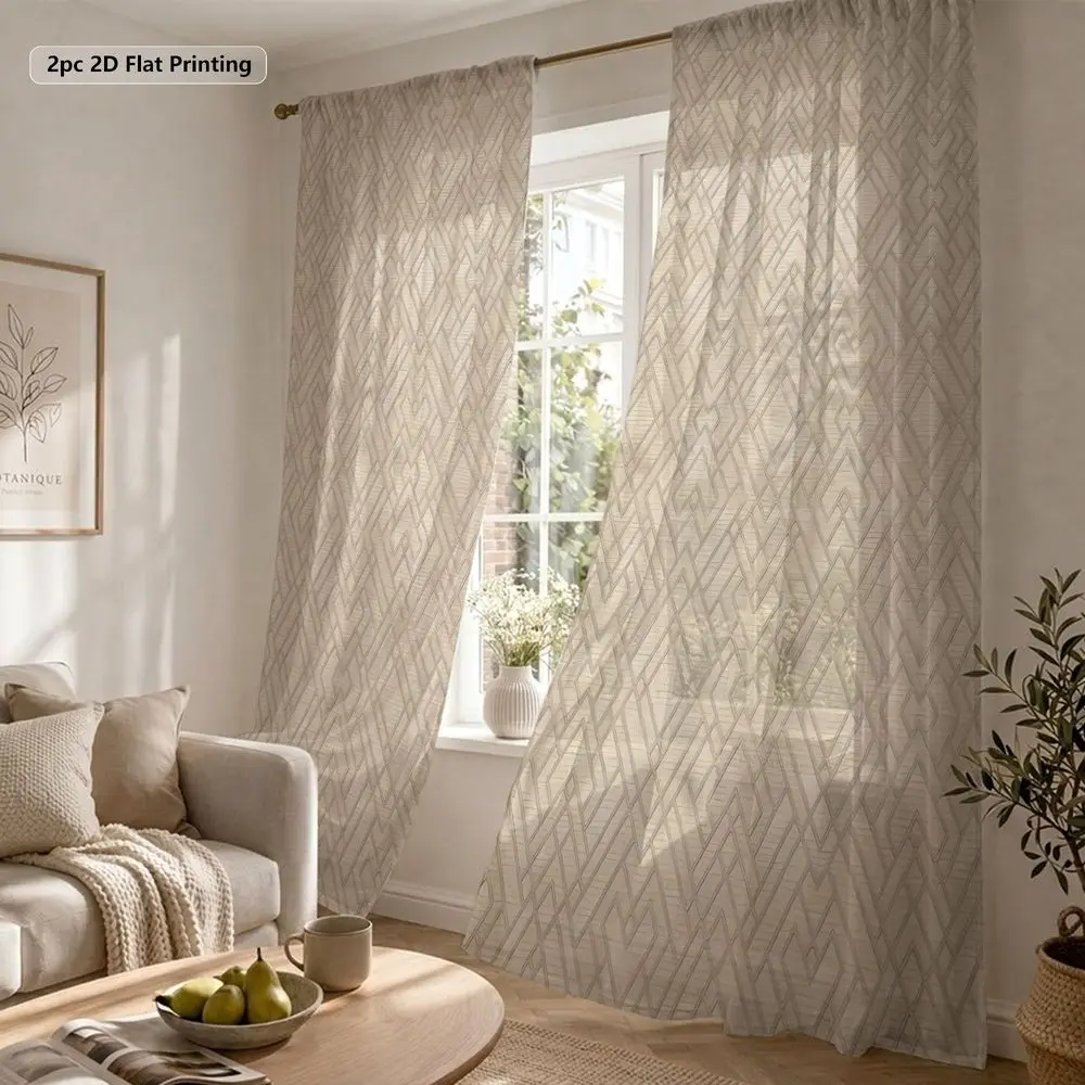 Elegant Geometric Pattern Sheer Curtains, 2pcs Light & Off-, Premium Polyester, Rod Pocket, Living Room & Bedroom Decor