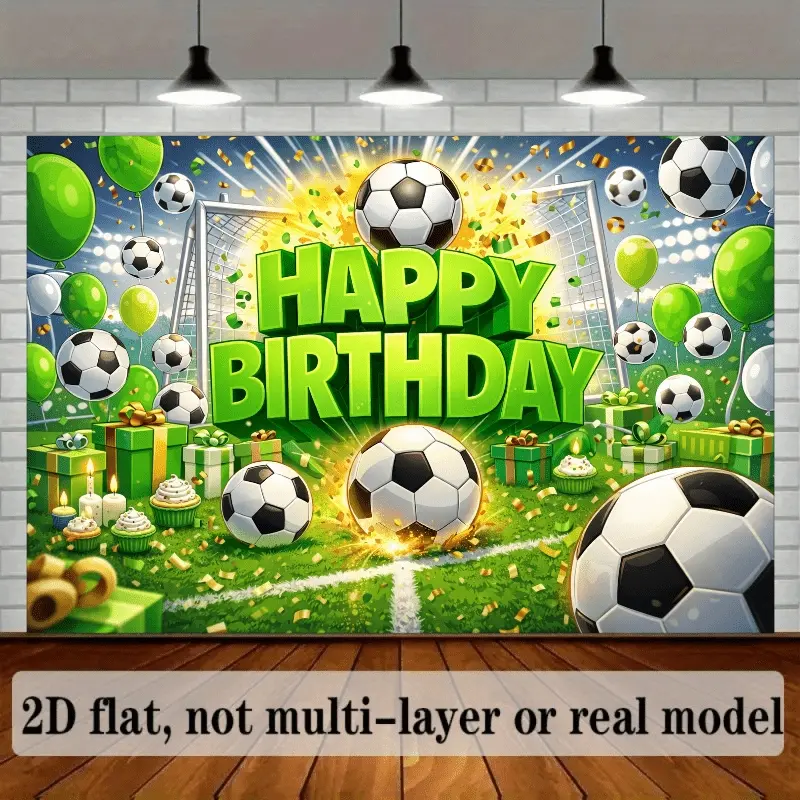 2D Flat，Vibrant Soccer Birthday Backdrop, Green Lawn with Scattered Soccer Balls And Gift Boxes, Central "HAPPY BIRTHDAY" 3D Letters, Background Fireworks, Balloons, And Banners Create Festive Atmosphere, Fabric,