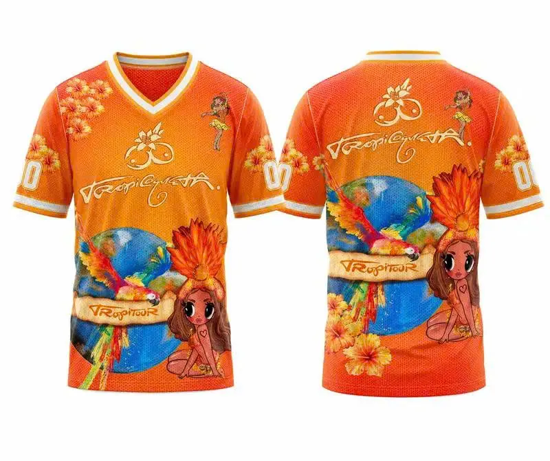 Orange Tropical Football Jersey, Latin Music Inspired Graphic Shirt, V Neck Sport Top, Concert & Festival Outfit Jersey Shirts Black Athletic Top