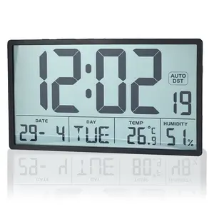 Large Display Digital Wall Clock, Battery Operated Atomic Desk Clock with Temperature Humidity, Auto DST Calendar for Home Office Bedroom