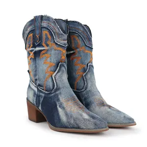 Hawkwell Women's Embroidered Stitched Rodeo Boots Pointed Toe Chunky Block Heel Classic Pull On Cowgirl Ankle Western Booties