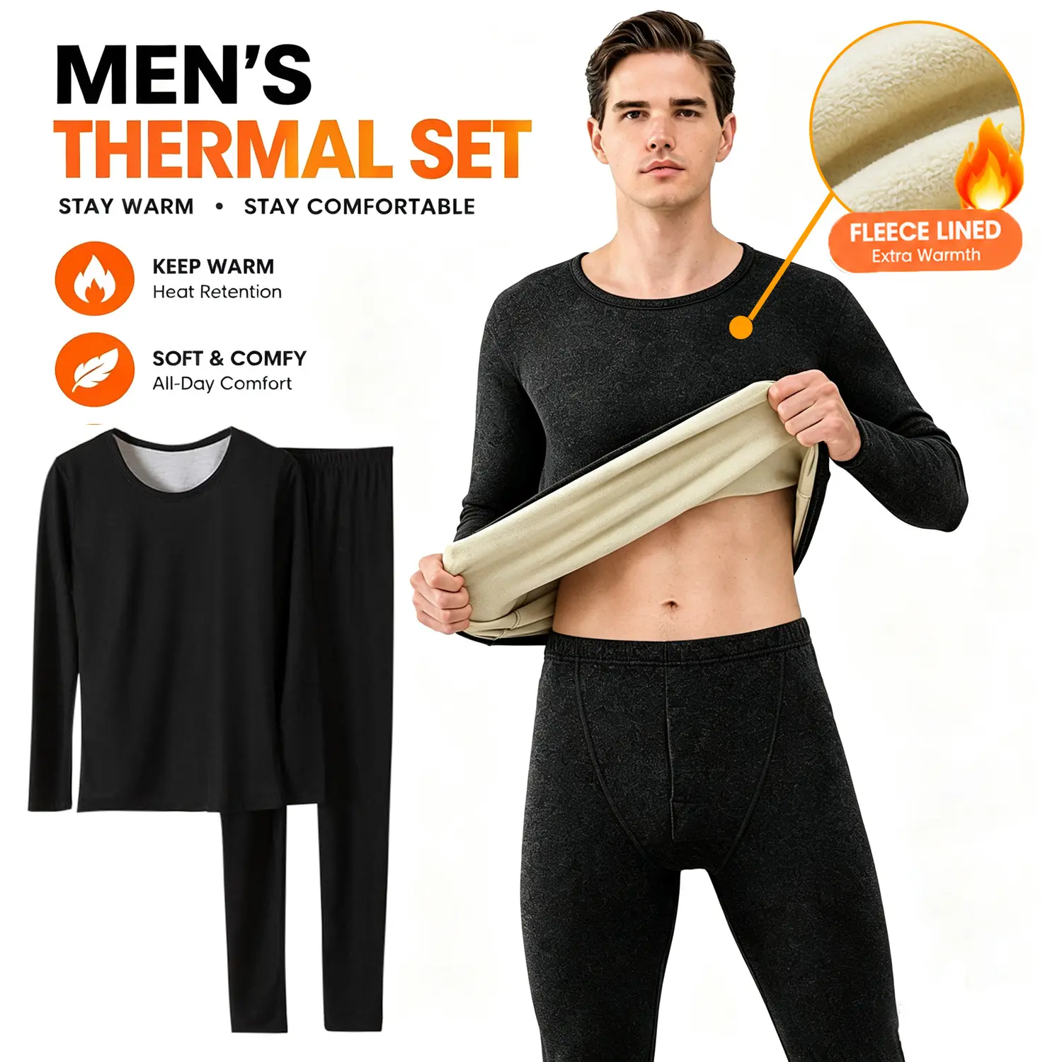 Thermal Underwear for Men Long Johns Set Fleece Lined,2-Piece Solid Base Layer Top & Trouser Winter Cold Weather,Best Gift