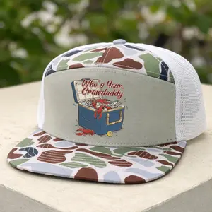Whos Your Crawdaddy Trucker Hat for Men, Funny Crawfish Boil Snapback Cap, Camo Flat Brim Mesh Hat, Southern Seafood Party Hat, Adjustable Outdoor Summer Style