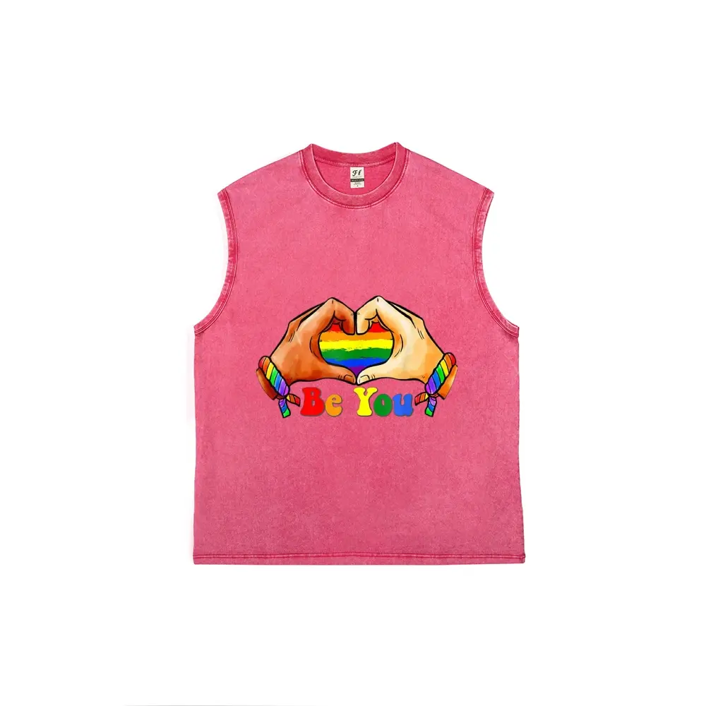 Pride Be You Sleeveless Tank Top | Pink Vintage Washed LGBTQ+ Graphic Tee | Soft Cotton Rainbow Heart Muscle Shirt | Casual Streetwear | Perfect Gift for Pride Month & LGBTQ+ Allies