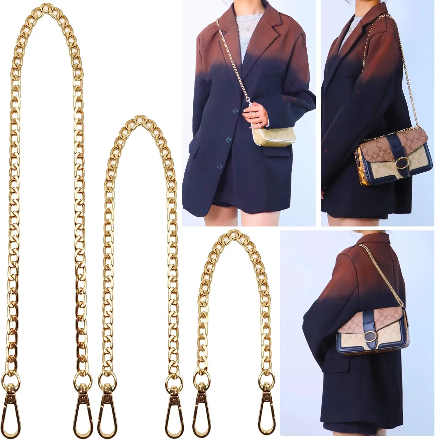 3 Pack Gold Metal Chains for Purse Strap Wallet Bag Chain Replacement (16",36",48")