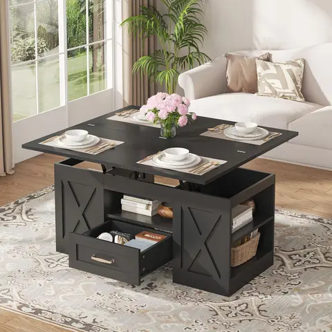 39.37in Rustic Barn-Style Adaptive Rectangular Indoor Coffee Table - Living Room Center Piece with Drawer, Open Shelves, Hydraulic Lift, MDF Board, Guide, Assembly Required, Computer Desk-Dining Mode for Home Office Furniture & Living Room Decor