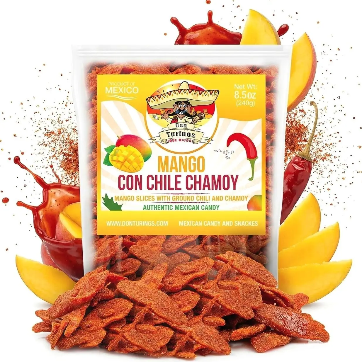 Chili Chamoy Mango Slices, 8.5 oz. Bag of Authentic Mexican Dry Fruit Candy, Sweet and Spicy Flavor, Fresh and Natural Dulce Mexicano, by Don Turinos