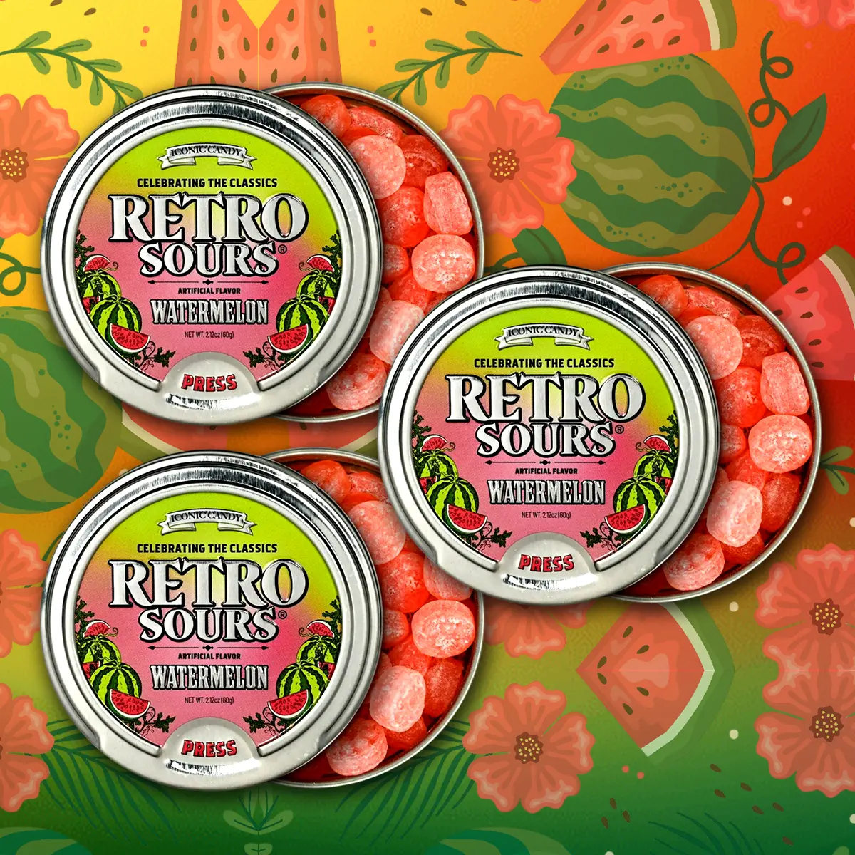 Iconic Candy Retro Sour Tins Hard Tangy Watermelon Candy 2.12oz 3 Pack Tins Nostalgic Snacking Experience