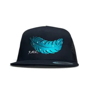 RW Black Feather Snapback Hat with White Mesh, Adjustable Expandable Fit, Feather Detailing, Mesh Snapback Headgear, Snapback Hats, Adjustable Expandable Hats