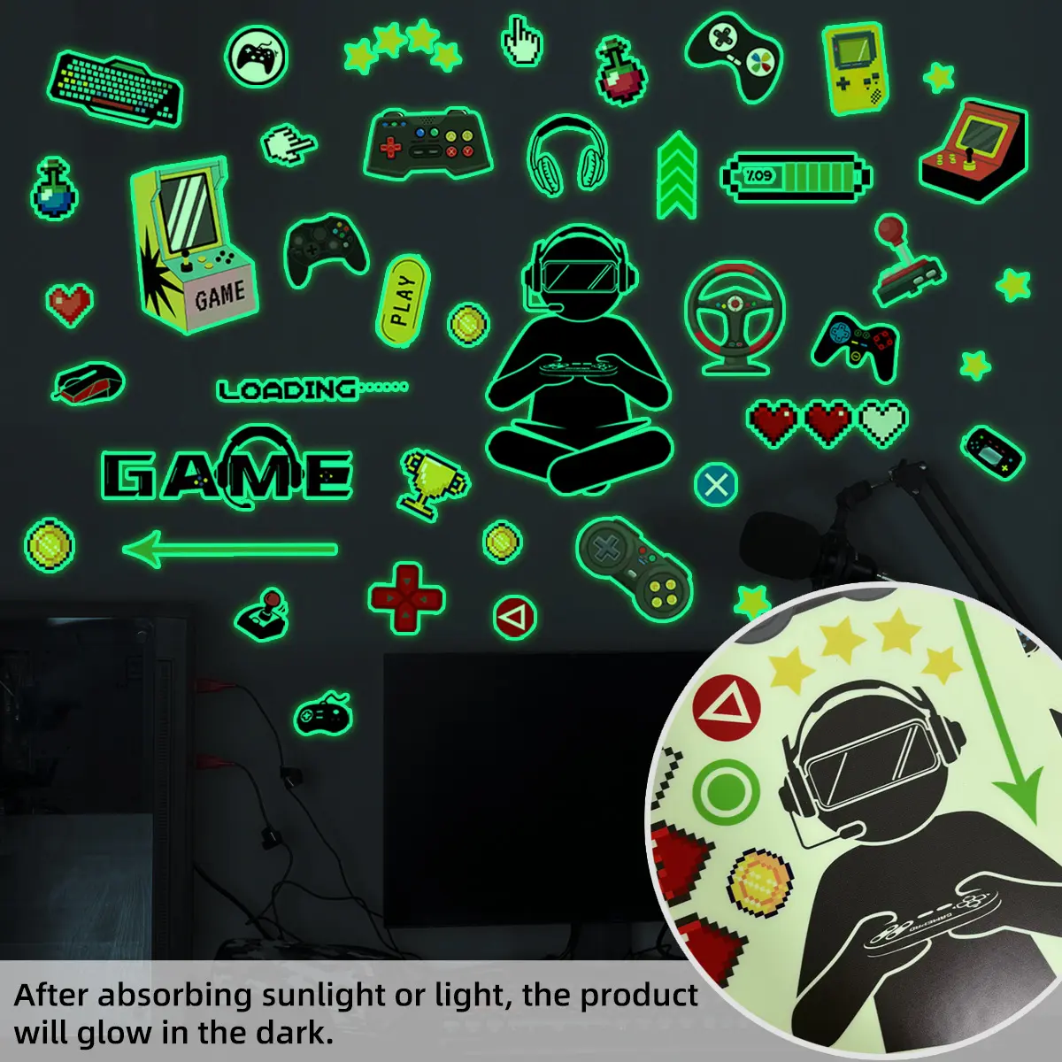 Luminous Gamer Wall Decals Stickers Glow in The Dark Wall Decals Game Wall Stickers Gaming Controller Wall Decals Game Room Decor Video Game Decal for Boys Girls Bedoom Playroom Living Room DIY Home Decoration Decorative Wall Sticker(Waterproof)