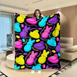 Easter Candy Wind Peeps Cotton Candy Flannel Blanket, Background, Full Print Colorful Peeps Chick Rabbit, Wave Lines & Sugar Elements