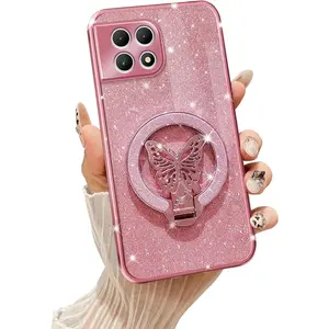 Phone Case for T-Mobile Revvl 7 5G [Compatible with Magsafe] with Butterfly Kickstand & Lanyard Soft TPU Bling Clear Shockproof Protection Cover for Revvl 7 5G Case, Rose Gold
