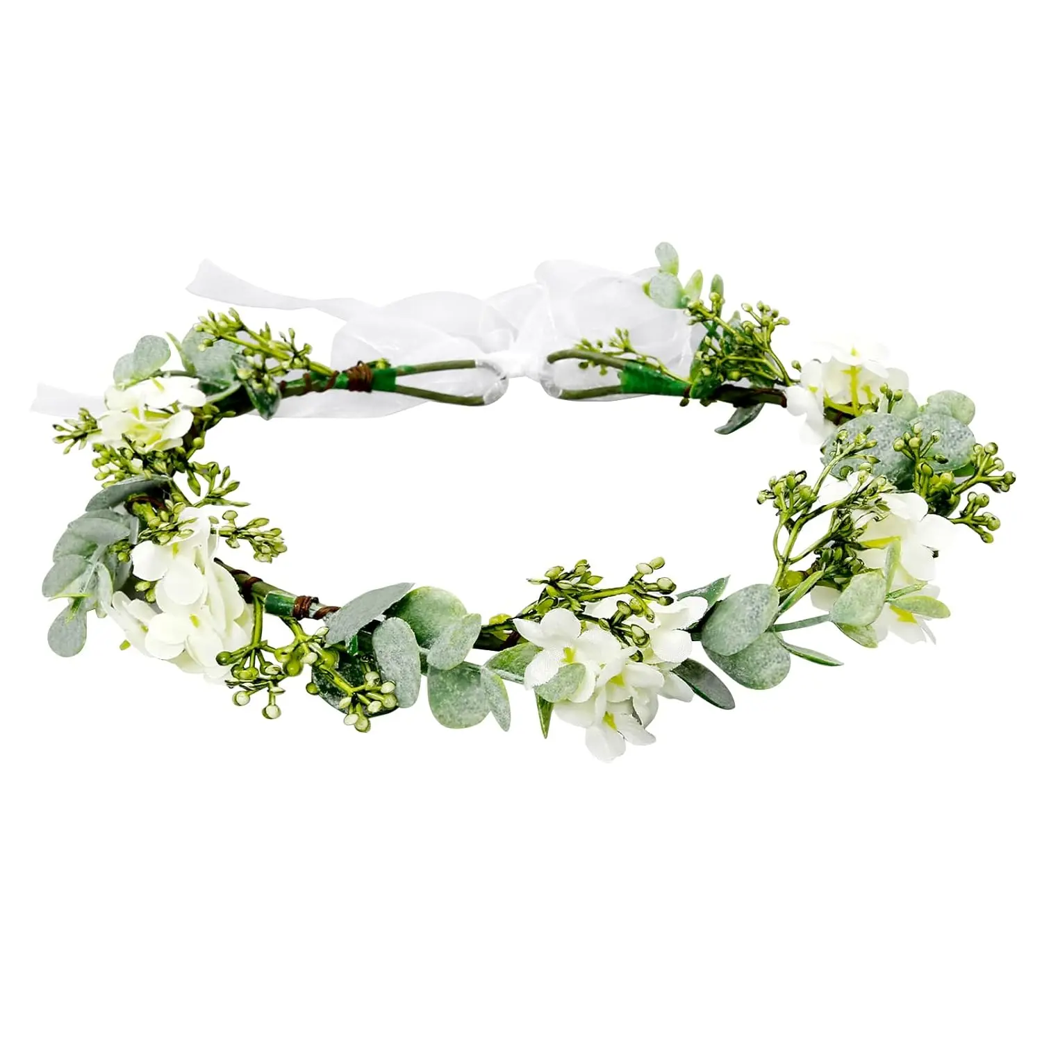Green Leaf Crowns For Girls Women, Bridal Flower Crown Bride Hair Accessories Bohemian Floral Crown Eucalyptus Headband With Ribbon For Wedding Birthday Va
