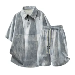 American distressed wash textured polo shirt and shorts two-piece set for summer—loose, casual athletic outfit made from breathable linen with short sleeves and gradient tie-dye; suitable for everyday commuting.