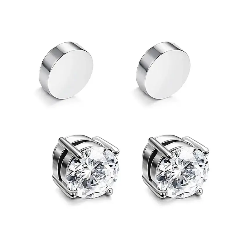 Stainless Steel Magnetic Stud Earrings for Men Women Non-piercing CZ 6mm, no piercing ears, anti-allergic