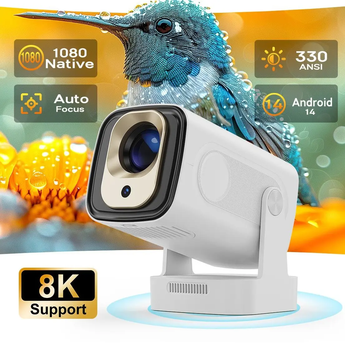 HY260 Pro Auto Focus Projector with 330ANSI Dual WiFi6 Wireless BT5.4 1080P Native Auto Keystone Correction Android 14 Allwinner H726 Built-in Speaker Intelligent Home Cinema Movie Outdoor #SummerWins #DealsForYouDays