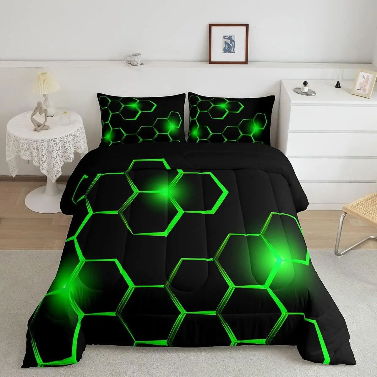 Feelyou Twin Size Microfiber Duvet Set, Honeycomb Designer Comforter, Modern Hexagon Luxury Decorative Bedding, Black Green Geometrical Beehive Design, Decorative Bedding Set, Microfiber Bedding Set