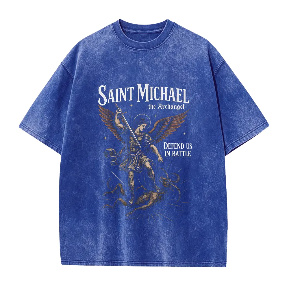 Men's St. Michael Archangel Saint Print T-Shirt - Menswear Short Sleeve Casual Religious Top with Seamless Round Neck, Smooth Soft 100% Solid Cotton Fabric, All Seasons Wear