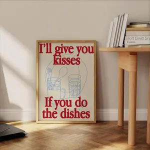 Kisses If You Do The Dishes, Kitchen wall art Poster, Modern art dishes Mid Century Print, appartement decor, Food Lover
