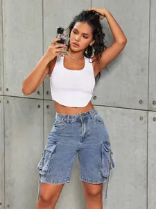 Y2K High Waist Wide Leg Denim Cargo Shorts for Women, Flap Pocket and Tape Detail, Summer Streetwear Bermuda Jorts, Casual and Comfy