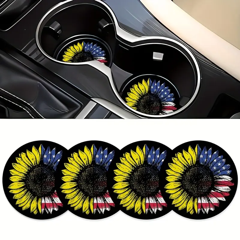 4pcs American Flag Sunflower Car Coasters Rubber Patriotic Design with Sunflowers and Stars, Fit for Cup Holders, Perfect Gift for Men and Women, Car Interior Accessories, Sunflower Car Accessories