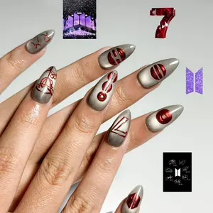 K-Pop Chrome Press On Nails | Metallic Silver Red Futuristic Korean Idol Inspired HC1328NC KYGI4D