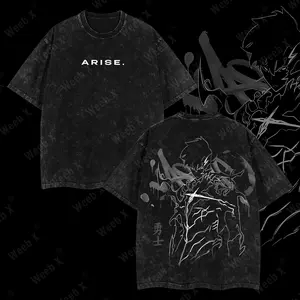 Weeb X -"Arise" Sung Jin Woo - Solo Leveling Anime Double Printed Oversize Lightweight Acid Washed Graphic Tee, Gift For Anime Fan Solo Leveling Oversize Anime Tee
